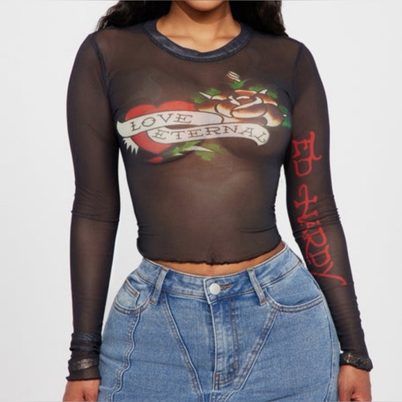 Ed Hardy Tops - Ed Hardy Black Sheer Long Sleeve Tattoo-Print Crop Top